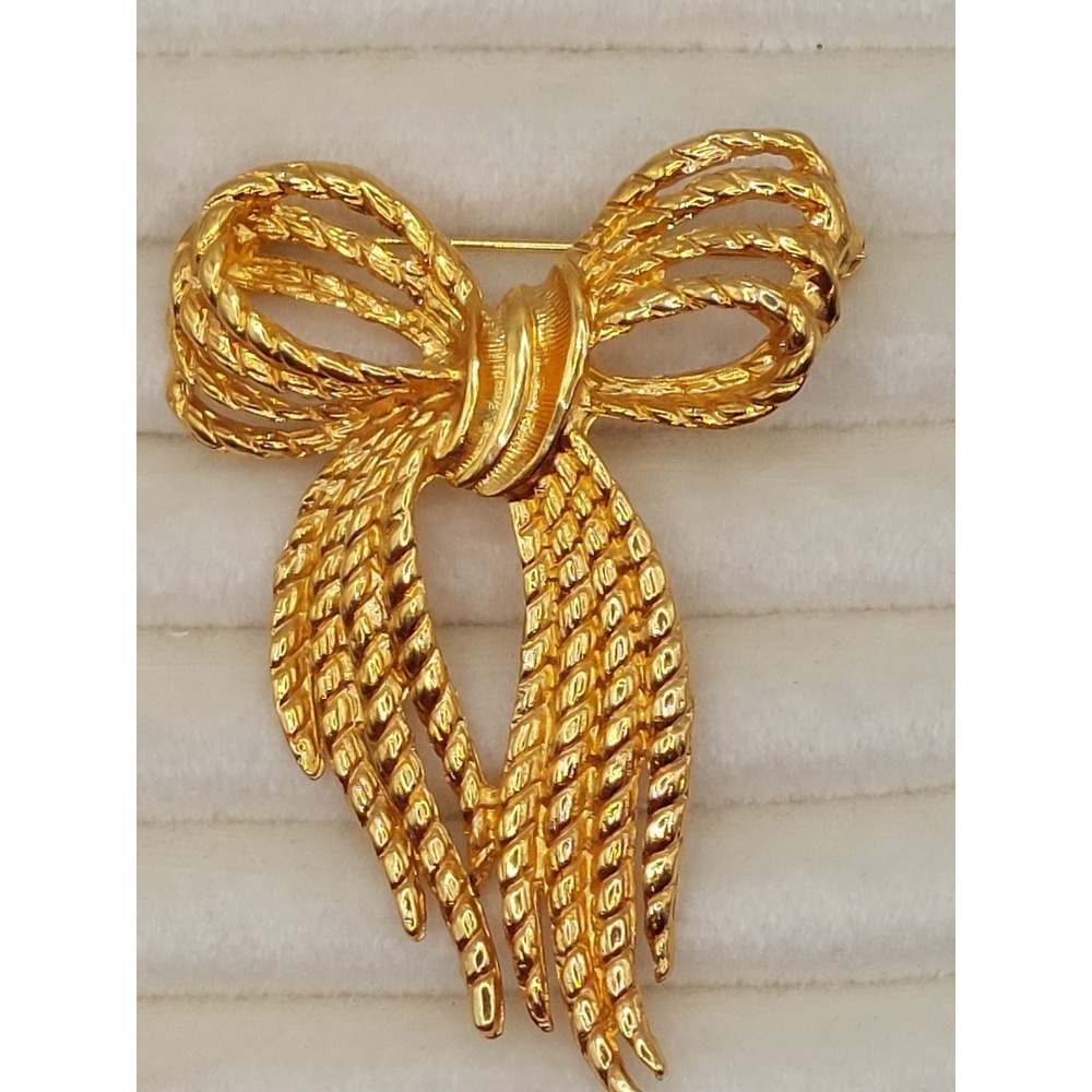 Vintage Brooch Signed Angel Gold Textured Ribbon Bow Pin Coquette Romantic 1980s